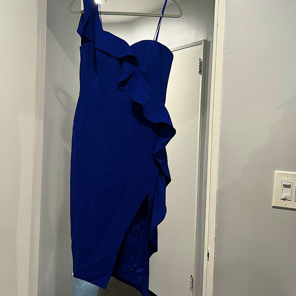 Aidan Mattox blue one shoulder dress